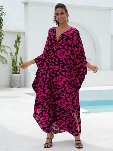 Image of IMAGEKOPE Women's Plus Size Animal Print V-Neck Batwing Kaftan Beach Dress Bathing Suit Cover-Up Loungewear