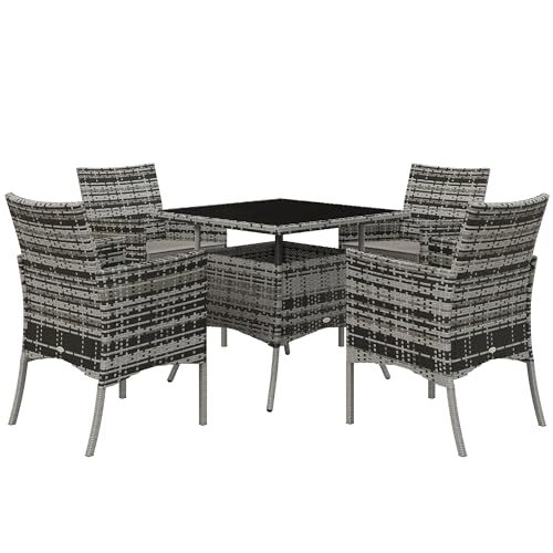 Outsunny 4 Seater Rattan Dining Set with Cushions, PE Rattan Garden Furniture Set, Glass Top Table, Outdoor Dining Table and Chairs for Patio, Balcony, Lawn, Mixed Grey