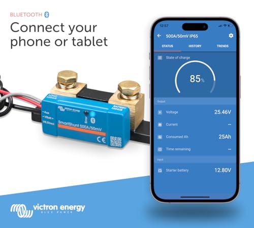 Victron Energy SmartShunt Monitor de bateria solar com Bluetooth, 500A/50mV IP65, entrada 6,5-70 VCC