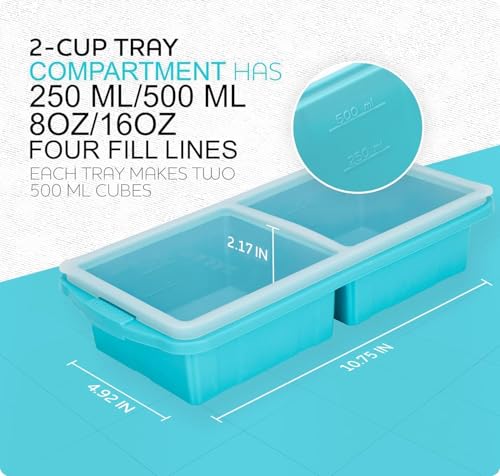 Image of Silicone Freezer Tray With Lid-Soup Freezer Container molds-Large Ice Cube Tray Set Makes 2-Cup & 1 /2-Cup portions cubes Perfect for preparing meals in different portion sizes Oven & Dishwasher -Safe