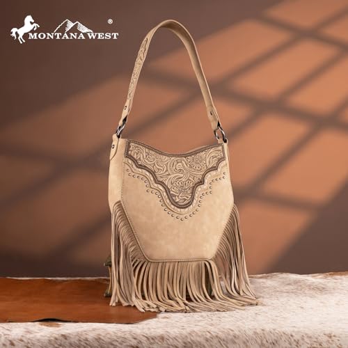 Image of Montana West Fringe Shoulder Bag for Women Western Tooled Hobo Tote Bag Purses