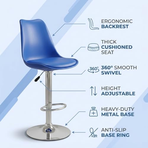 Image of activa Rapid Bar Stool Chair with Height Adjustable Design, Padded Seat & Footrest | Modern Metal Counter Stool for Kitchen, Home, Bar & Cafe Seating | Durable Comfort Chair (Blue, Set 2)