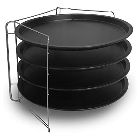 FORMEGOLOSE , Set mit 4 tiefen Pizzablechen (32 cm) - Stahl mit doppelter Antihaftbeschichtung, Schwarz, inklusive 1 platzsparendem klappbarer Stahlrahmen Cover