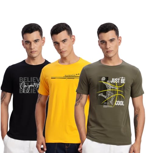 Image of ADRO 100% Cotton Lycra Tshirts for Men Combo Pack of 3 | Regular Fit | Printed T Shirt | Round Neck Half Sleeve| Mens Tshirts