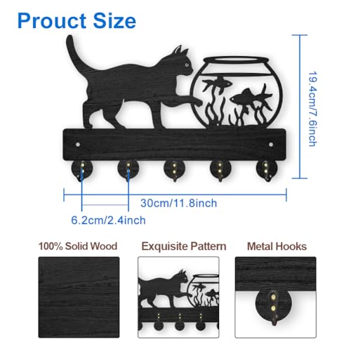 MAYJOYDIY Cat Themed Wooden Key Rack 30x19.4cm 5 Alloy Hooks Wall Mounted Hanger Wall Decorative Cat Fish Tank Holder - Image 2