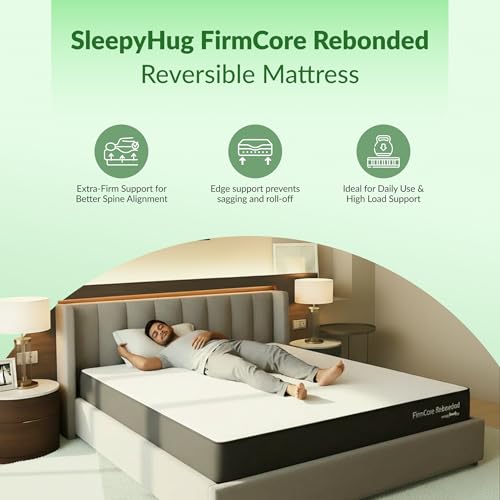 Image of SleepyHug Firmcore Rebonded Reversible Mattress | Extra Firm Support | Anti-Sag Durability | Dual-Side Usable | 72x72x5 Inches, Black & Grey