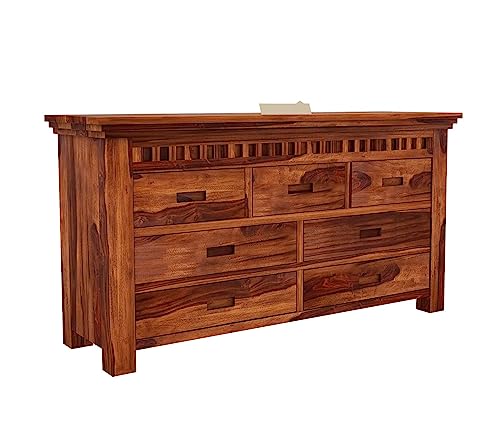 Image of Solid Sheesham Wood 7 Drawer Chest | Stylish Multipurpose Dresser Cabinet for Living Room, Bedroom, Hall & Kitchen Storage | Modern Sideboard in Honey Finish