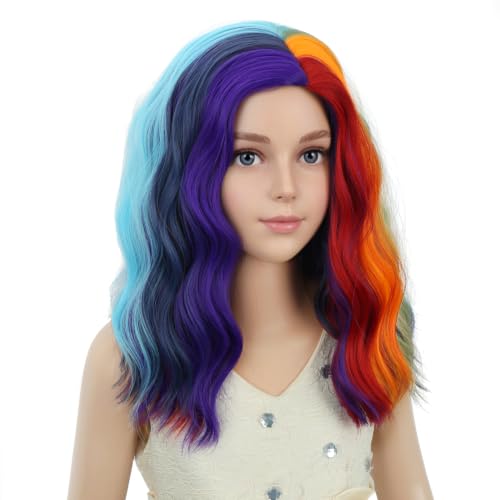 Image of PATTNIUM Colorful Wavy Wigs for Kids Girls Rainbow Side Part Shoulder Length Heat Resistant Synthetic Wig Halloween Cosplay Costume Party Wigs