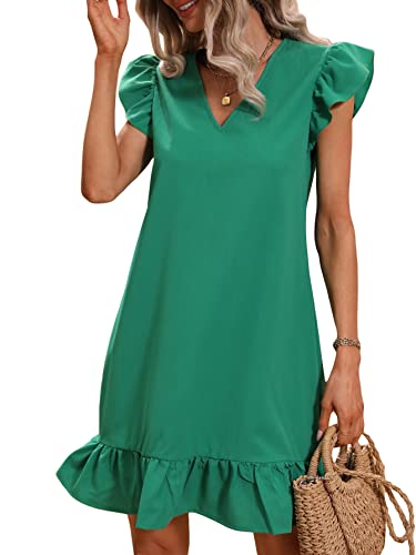 Image of Floerns Women's Solid V Neck Ruffle Trim Cap Sleeve Summer Tunic Dress