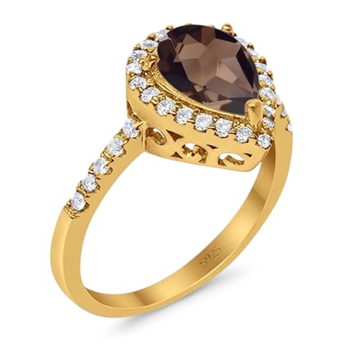 OMRANII Art Deco Pear Teardrop Natural Chocolate Smoky Quartz Vintage Style Halo CZ Wedding Engagement Rings For Women 925 Sterling Silver2