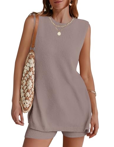 Image of NENONA Women's Summer Sleeveless Sweater Lounge Sets Casual Loose Fit Tunic Tops and Shorts 2 Piece Beach Vacation Outfits