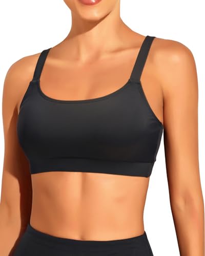 Tempt Me Women Black Sports Bra Bikini Tops Scoop Neck Bathing Suits Top Padded Swim Crop Tops Only M