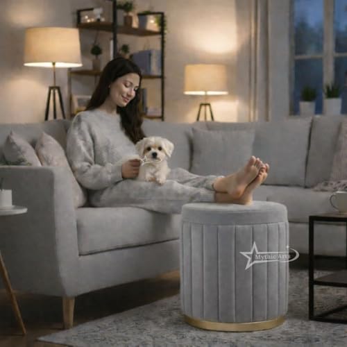 Image of Round Strip Stool with Cushion Foot Rest Office Stool Pouf Ottoman Padded Seat in Living Room - Grey