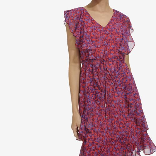 Image of Tommy Hilfiger Women's Sleeveless V-Neck Ruffle Trim Tie Waist Chiffon Mini Dress