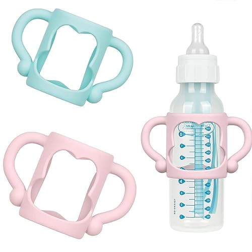 2個セット 哺乳瓶ユニバーサルハンドル 哺乳びん握り 広口グリップ 多色 多機能 耐熱 シリコン ソフトハンドル 持ちやすい 赤ちゃん 付け替え用 哺乳瓶アクセサリー(ブルー+ピンク)