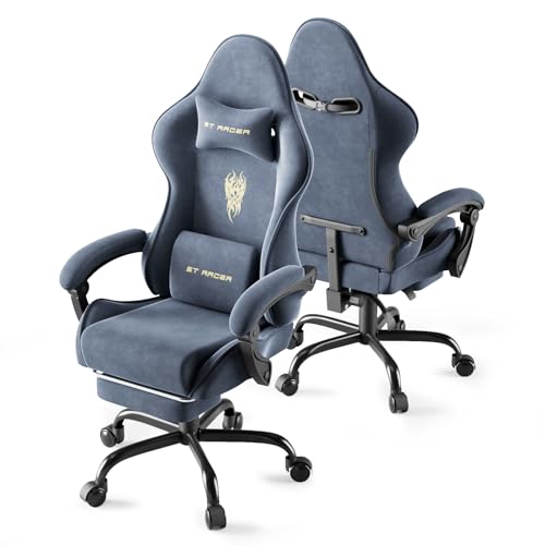 Huracan Gaming Stuhl Ergonomisch, Atmungsaktiver Gamer Stuhl aus Mikrofaser-Velours, Höhenverstellbar Gaming Sessel mit verstellbare Armlehnen, Massagefunktion Lendenkissen, Fußstütze (Grau)