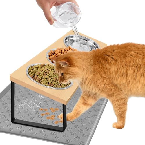 Exquilnova Katzennapf Erhöht, 3er Futternapf Katze aus Edelstahl, 15° Gekippte Futterstation Katze mit Napfunterlage Silikon und Metallhalter Fressnapf und Wassernapf für Katzen, Kleine Hunde