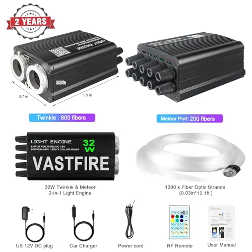 Image of VASTFIRE Starlight Headliner Kit 1000 Piece 0.03in*13.1ft 32W Twinkle & Meteor Dual-Engine 200 Shooting Stars RGBW Fiber Optic Lights Music Sync, DIY Interior Roof Ceiling for SUV /Truck /Jeep