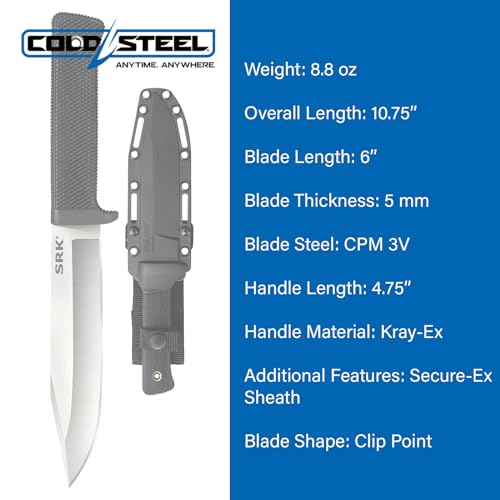 Image of COLD STEEL SRK 6 inch CPM 3V Clip Point Razor-Sharp Blade 4.75 inch Kray-Ex Durable Handle Tactical Fixed Blade Knife w /Secure-Ex Sheath | 4.75 Kray-Ex Handle, Secure-Ex Sheath, 10.75 Overall Length