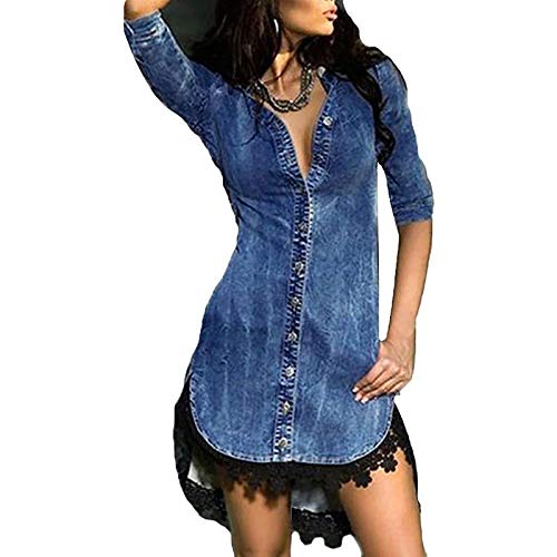 Women Denim Lace Patchwork Dress V Neck Short Sleeve Lace Mini Skirt Bottom Sexy Temperament Dress with Buttons (Blue, S)