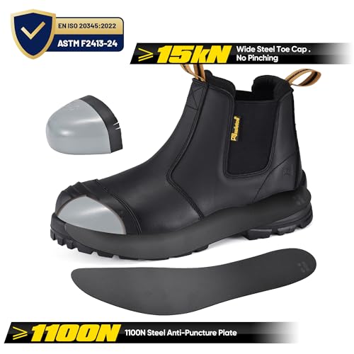 Image of Mens Work Boots Steel Toe Chelsea Safety Boots Cow Leather Waterproof Lightweight Working Shoes