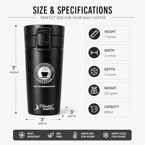 Image of Fitness Mantra Stainless Steel Coffee Mug 380ml | Double Wall Insulated Travel Mug | Leak Proof Lid | Hot & Cold Thermal Cup | Portable & Lightweight for Office, Car & Travel