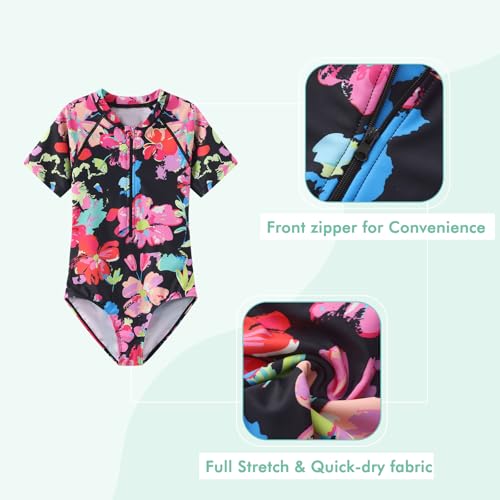 Image of Girls One Piece Swimsuits Short Sleeve Rash Guard for Girl Hawaiian Bathing Suit with Sun Protection Beachwear