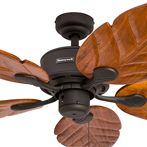 Honeywell Ceiling Fans Royal Palm, 52 Inch Tropical LED Ceiling Fan with Light, Pull Chain, Three Mounting Options, Hand Carved Solid Wood Blades - 50204-01 (Bronze) - Thumbnail 4