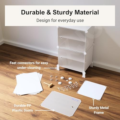 Image of BOXJOY 6 Shelf Shoe Rack with 3 Translucent Doors, 5 Hook Steel Holder & Wooden Hammer, Home Storage PP Plastic Organizer with Metal Door Frame to Cover Chappal Slipper Sandals Shoes Box Stand (White)