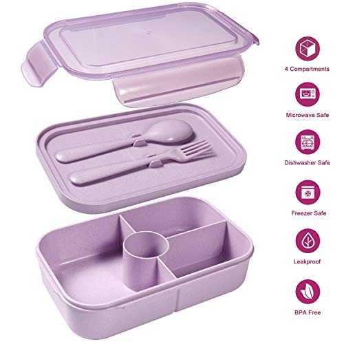 Jeopace Bento Box For Kids Lunch Containers With 4 Compartments Kids Bento Lunch Box Microwave/Freezer/Dishwasher Safe (Flatware Included,Light Purple) #TOP1