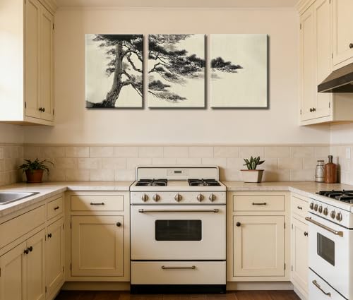 Image of Frimeeme Vintage Sketch Pine Tree Framed Canvas Wall Art Set of 3,12x16 In | Antique Wilderness Forest Wall Decor, Nature Botanical Landscape, Modern Landscape Prints for Living Room Bedroom