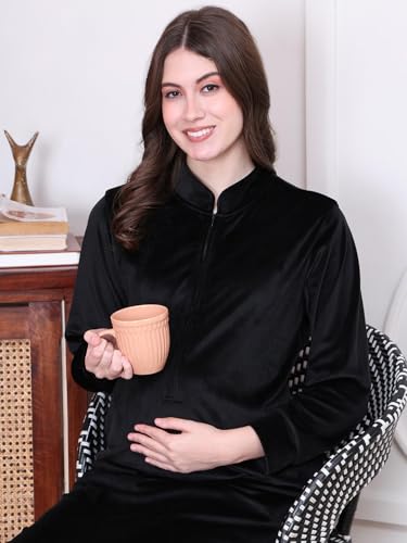 Image of Secret Wish Solid Velvet Maternity Nighty Full Length