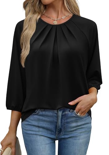 Blouses for Women Dressy Casual 3/4 Length Sleeve Womens Tops Pleated Summer Tops Spring Clothes Crew Neck Loose Fit Business Casual Outfits Work Shirts Fall Fashion Clothing 2026 Black M