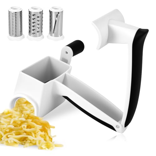 Rotary Cheese Grater, Manual Rotary Grater with 3 Stainless Steel Grater Barrels, Multifunctional Handheld Manual Cheese Grater for Cheese Fruits and Vegetable