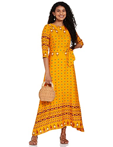 Image of plusS Georgette A-Line Dress (LDR4668-OCHERPRINT Yellow 2XL)