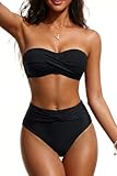 Tempt Me Women Black Bandeau Bikini Set Twist Strapless Two Piece Swimsuit High Cut High Waisted Bathing Suits L
