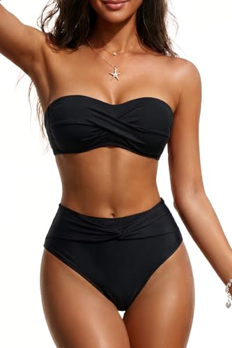 Tempt Me Women Black Bandeau Bikini Set Twist Strapless Two Piece Swimsuit High Cut High Waisted Bathing Suits M