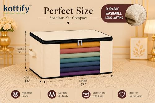 Image of Kottify Pack of 3 Cotton Canvas Clothes Storage Bags /Saree Covers with Zip for Storage Specially Design for Woman Dresses, Sarees, Lehengas for Wardrobe Organizer (17 x 14 x 7 Inch)