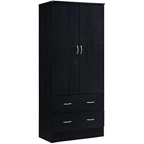 HODEDAH 2 Door Wood Wardrobe Bedroom Closet with Clothing Rod inside Cabinet and 2 Drawers for Storage, Black