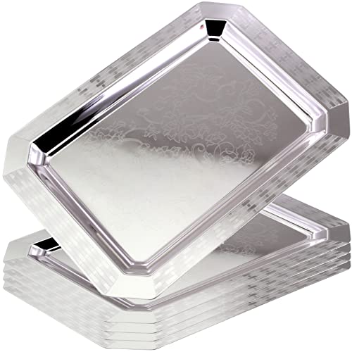 Maro Megastore (Pack Of 5) 14 Inch X 9.8 Inch Octagonal Chrome Plated Silver Serving Tray Stylish Design Floral Engraved Edge Decorative Party Birthday Wedding Buffet Wine Platter Plate Cc-1508 #TOP5