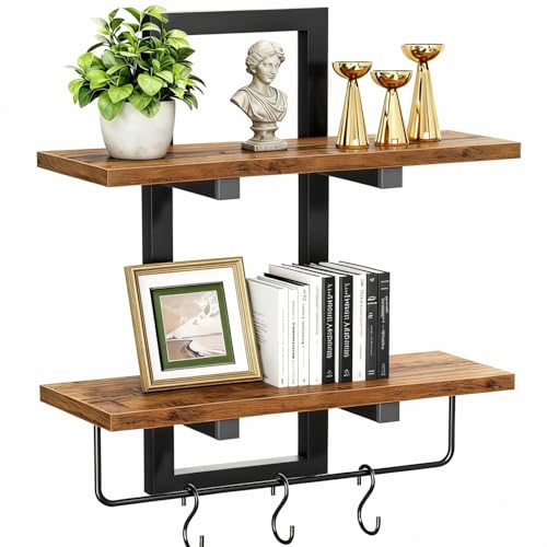 TRAYINDALY Floating Shelves for Wall 2-Tier, Wood Wall Shelf with Towel Bar and 3 Hooks, Rustic Brown Hanging Storage & Organiser for Bedroom, Bathroom, Living Room, Kitchen
