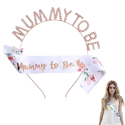 Mummy to Be Sash, Rhinestone Tiara Crown Headband and Badge Party Decoration Party Supplies Maternity Favour Gifts Baby Shower Gifts (A Set of Hair Bands and Shoulder Straps)