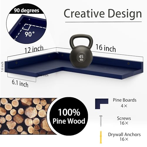 4 Tier Floating Shelves - Navy Blue Set of 4, Rustic Pine Wooden L Shaped Corner Wall Shelf for Wall Decor Storage, Bedroom, Living Room, Bathroom, Kitchen - Image 3