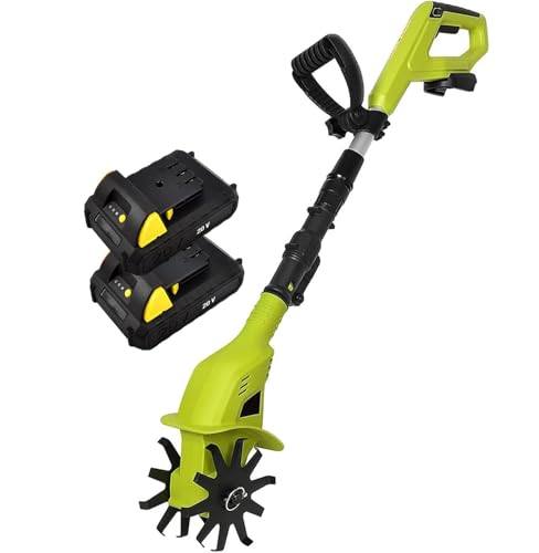 Cultivador de timón，Motocultor eléctrico para jardín con 2 baterías de 2000 mAh y cargador, ancho de labranza de 10 cm, profundidad de trabajo de 25 cm, motocultor eléctrico para cultivo del