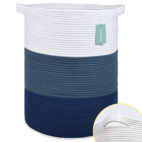 BOSROTY Large Blanket Basket, High Storage Basket, Tall Rope Laundry Basket, 15.7â€x 21.7â€, Cotton Rope Basket, XXXL Woven Basket, Toy Basket, Clothes Baskets, White&Cadet Blue&Navy Blue