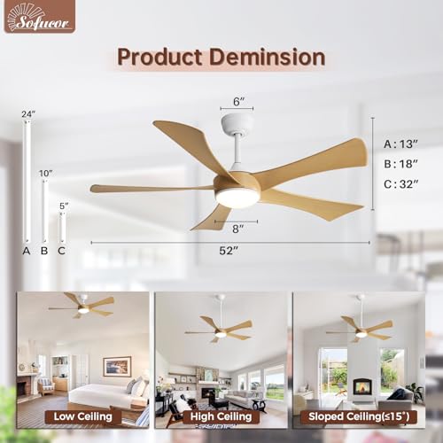 Sofucor 52-Inch Modern Ceiling Fan with Remote and Dimmable LED Light for Indoor and Outdoor Use
