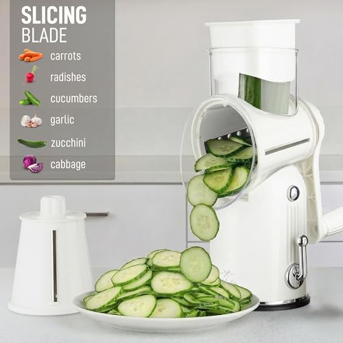 Image of Zulay Kitchen Rotary Cheese Grater 5 Blade Cheese Shredder - Manual Hand Crank Cheese Grater With Reinforced Suction & 5 Interchangeable Drums - Easy to Use, Vegetable Chopper Round Mandoline Slicer