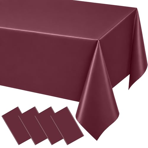 Image of WNINK 4 Pack Burgundy Disposable Plastic Tablecloths, Waterproof Rectangle Table Covers 54 x 108 Inch, Party Tablecloth for Birthday Party, Baby Shower, Wedding, Holiday and Event Decorations