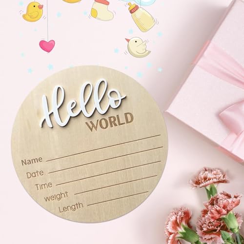 Image of Baby Announcement Sign, 5.9 Inch Wooden Hello World Newborn Signs, Birth Announcement Sign, Baby Shower Hospital Nursery for Newborn Boys and Girls (White,Pen)