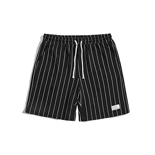 Floerns Men's Boho Tribal Print Drawstring Waist Summer Shorts with Pocket Black Striped S